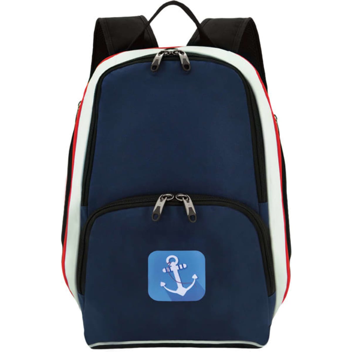 A navy blue backpack with red and white accents, featuring a logo on the front pocket.