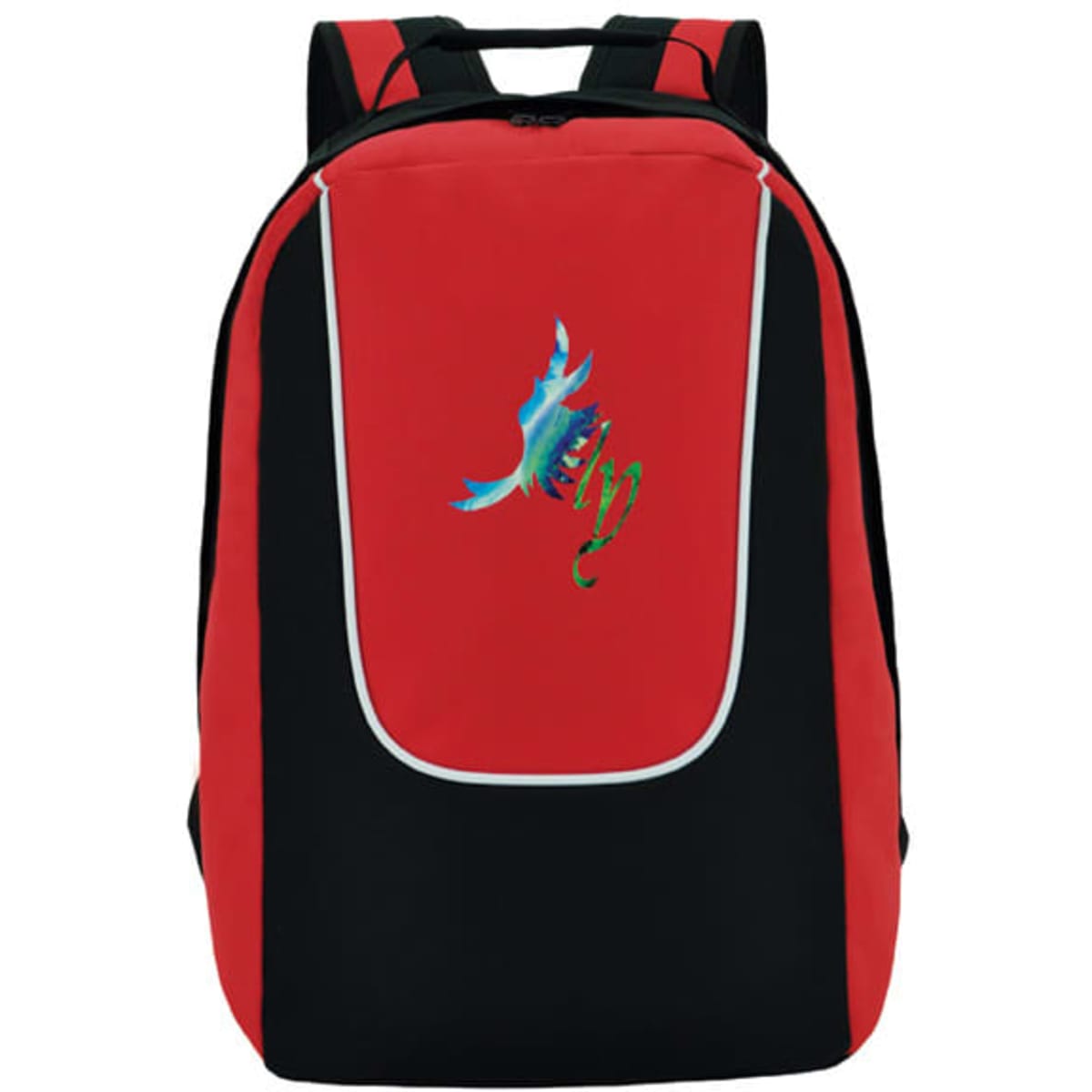 A red and black backpack featuring a logo on the front. The backpack has two shoulder straps and a zip closure.
