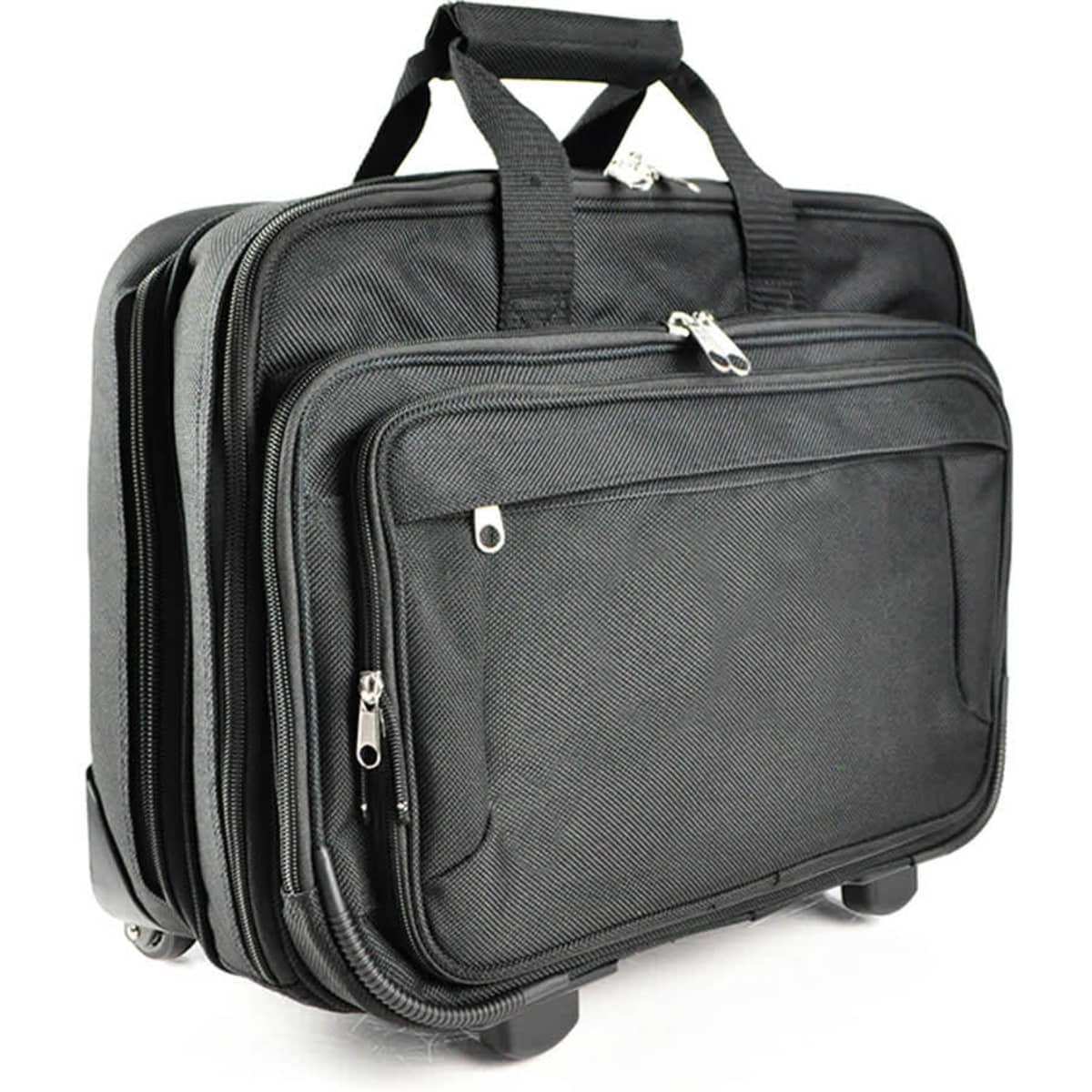 A black wheeled travel bag with multiple zippered compartments and a sturdy handle.