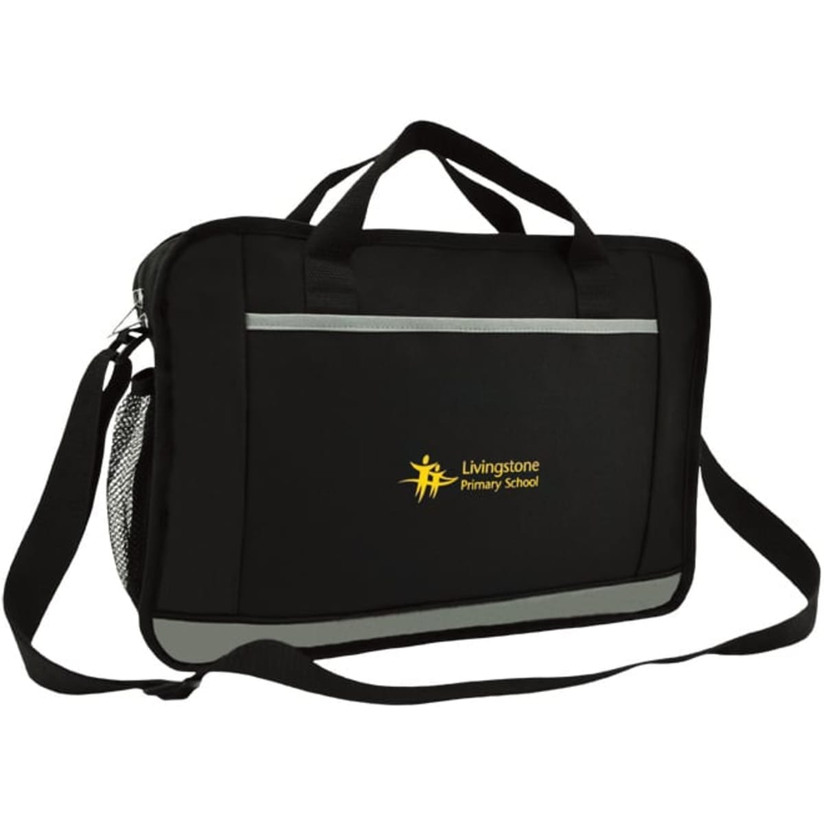 A black conference bag with a shoulder strap, featuring a mesh side pocket and a logo.