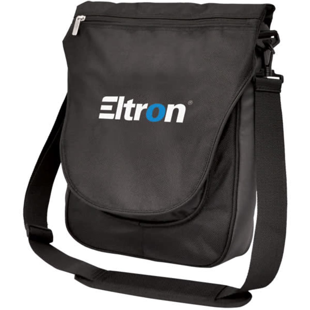 A black laptop bag with a shoulder strap and a front flap, featuring a logo.