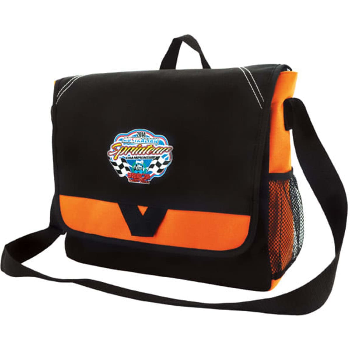 A black and orange conference bag with a mesh side pocket and a branded logo on the front.