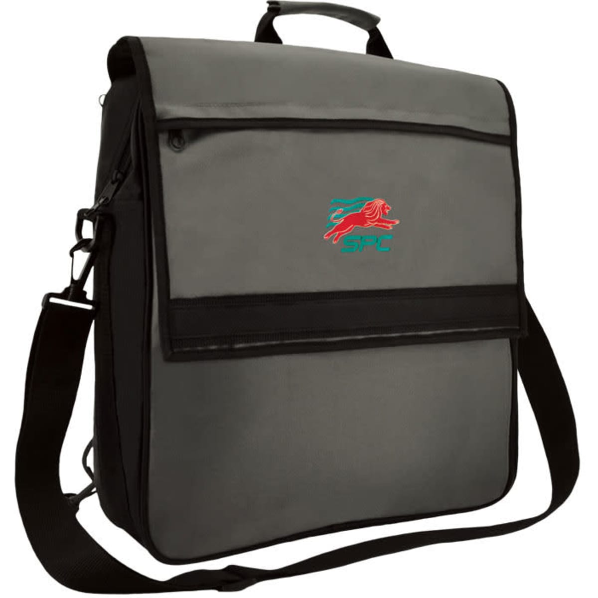 A grey backpack/conference bag with a branded logo and a front flap pocket. It features a shoulder strap and top handle.