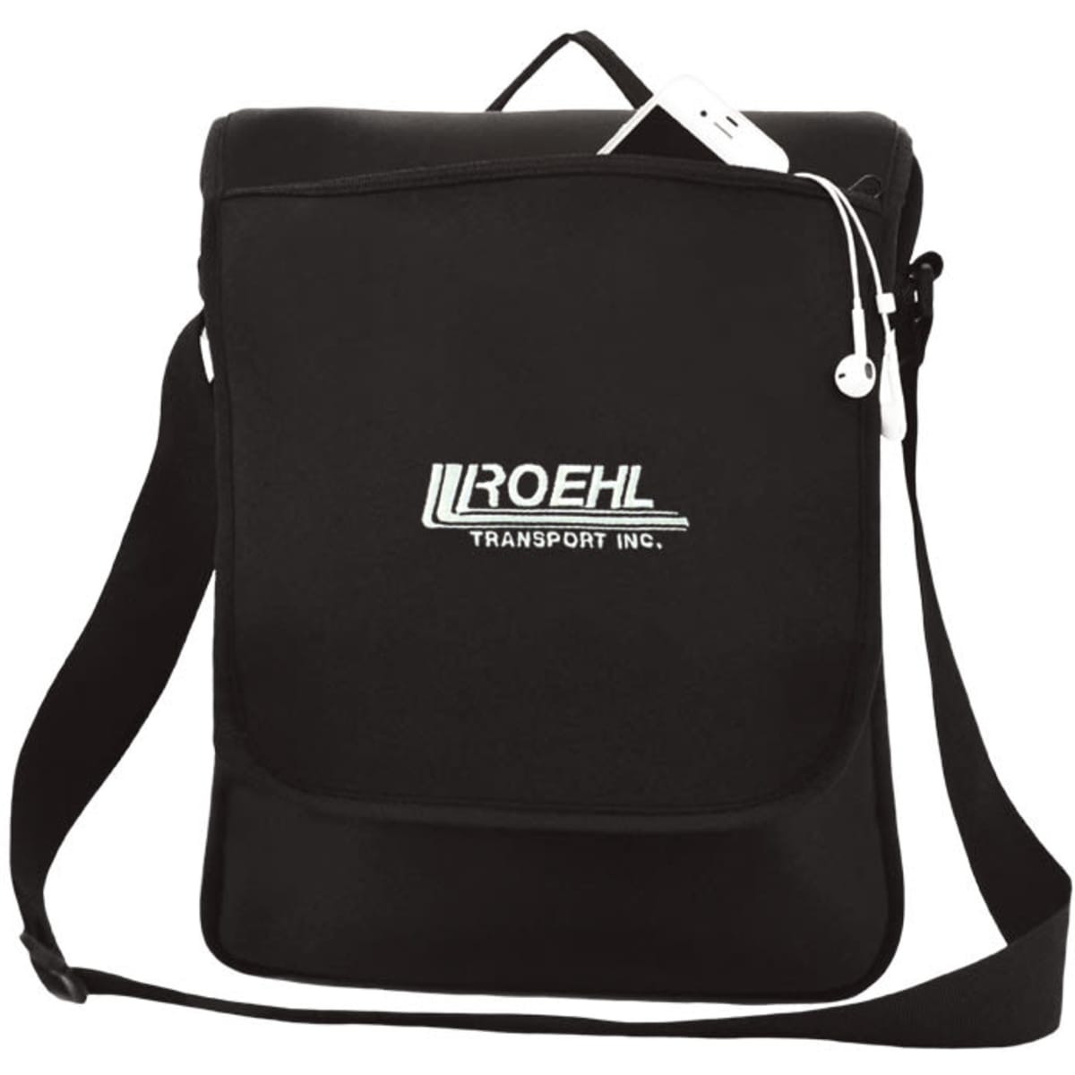 A black neoprene conference bag with a shoulder strap and a logo on the front.