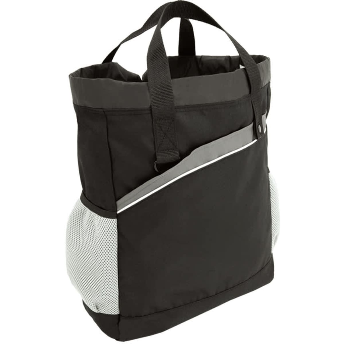 A black tote bag with a grey stripe and mesh side pockets, featuring sturdy handles and a backpack strap.