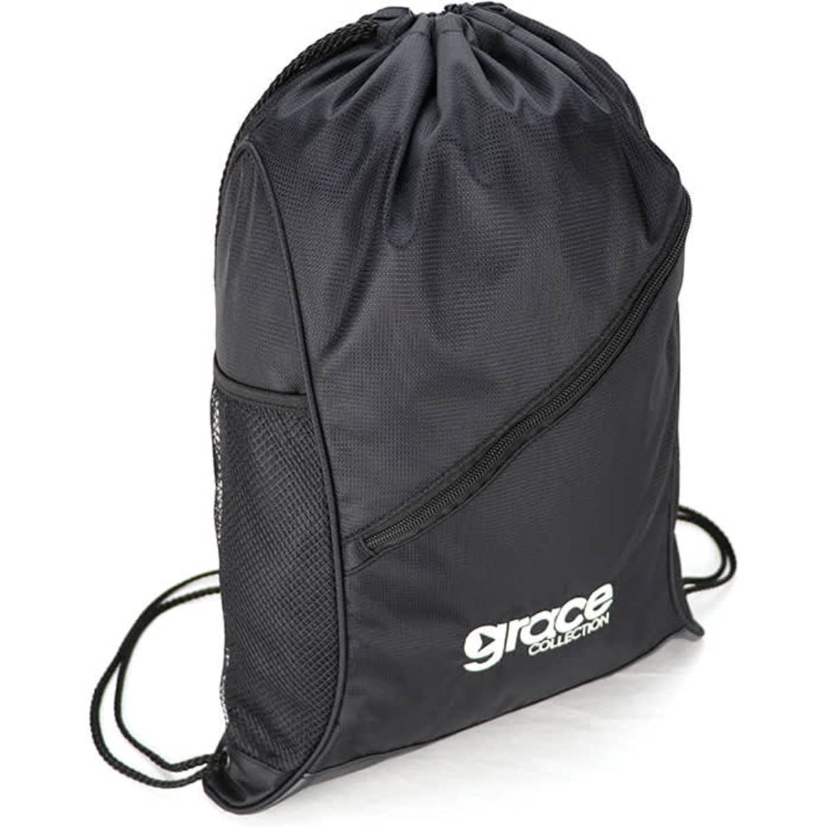 A black drawstring bag featuring mesh detailing and a small logo. It has a cinched top and adjustable straps.