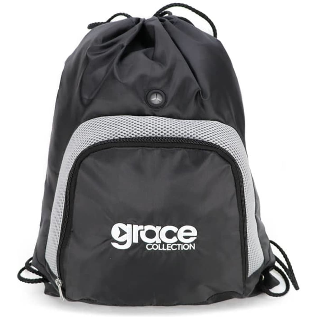A black drawstring bag with a grey mesh front pocket and a logo. Features adjustable straps for closure.