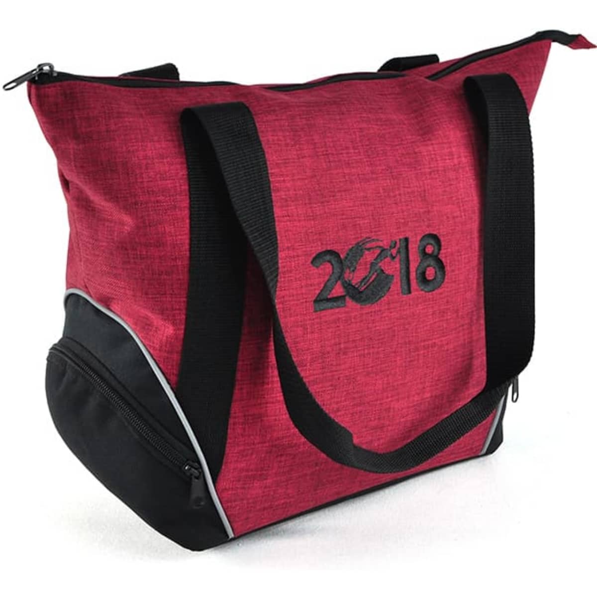 A red and black tote bag with a zip closure and a logo on the front. Ideal for carrying various items.