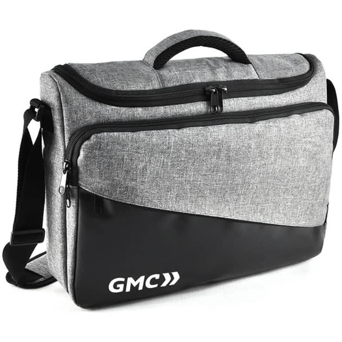 A grey and black laptop bag with a top handle and adjustable shoulder strap, featuring a logo on the front.