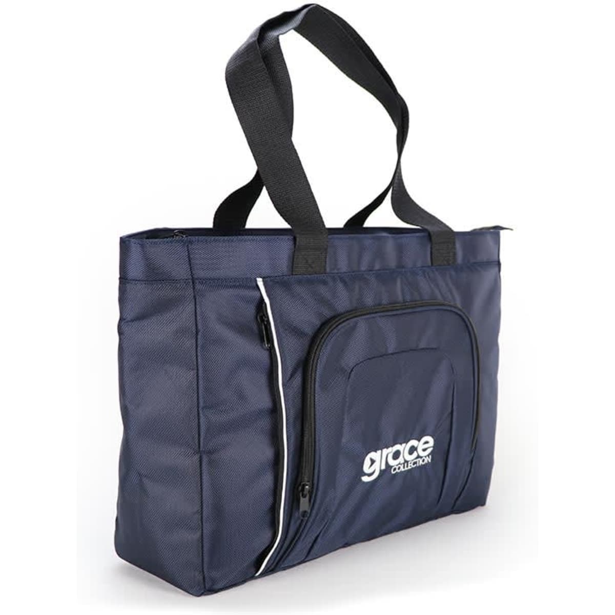 A navy tote bag with a prominent zippered pocket and black straps. It features a logo on the front.