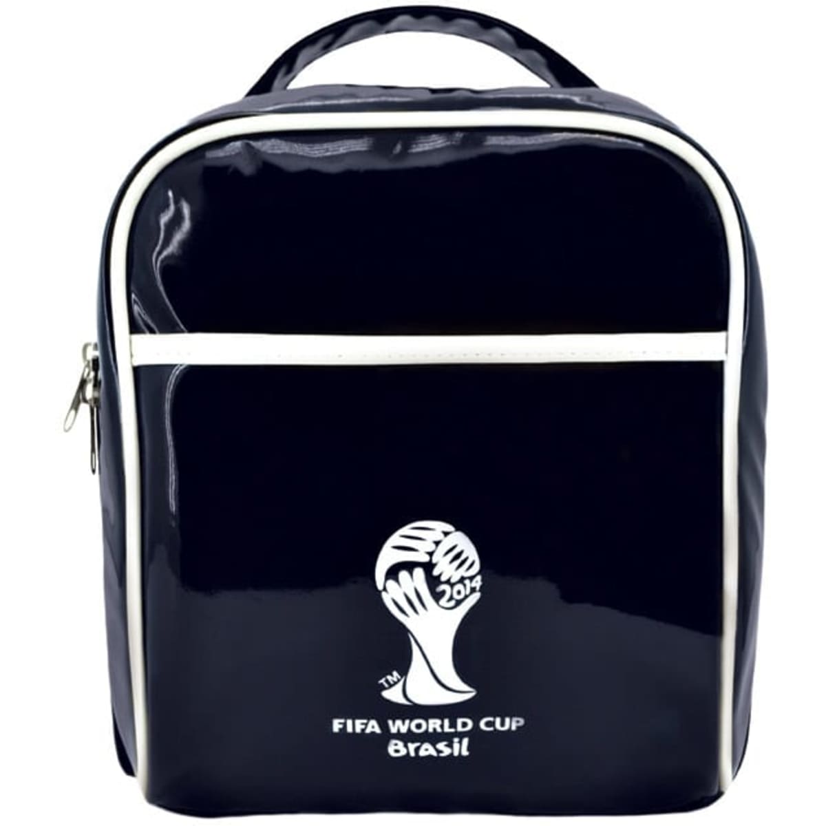 A black cooler bag with a glossy finish and a front pocket. Features a logo and branding details.