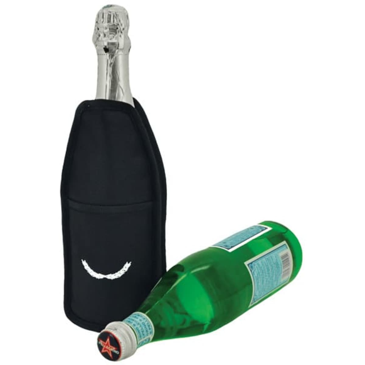 A drink bottle sleeve in black, featuring a pocket, holding a sparkling wine bottle and a green bottled beverage.
