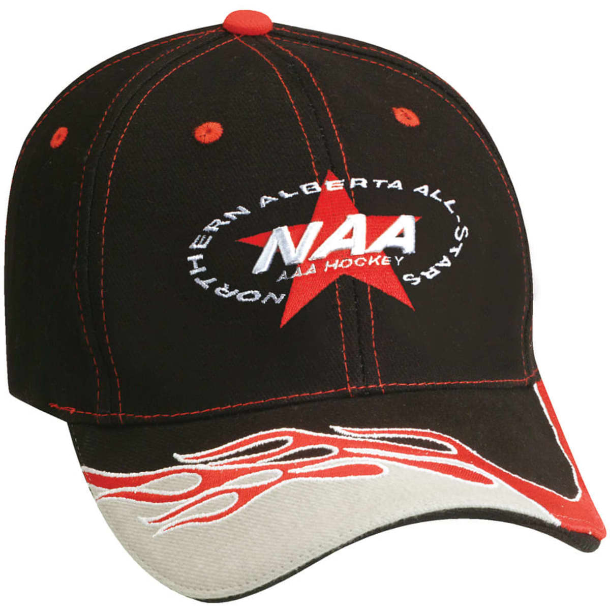 A black cap with red accents and flame designs, featuring a logo on the front.