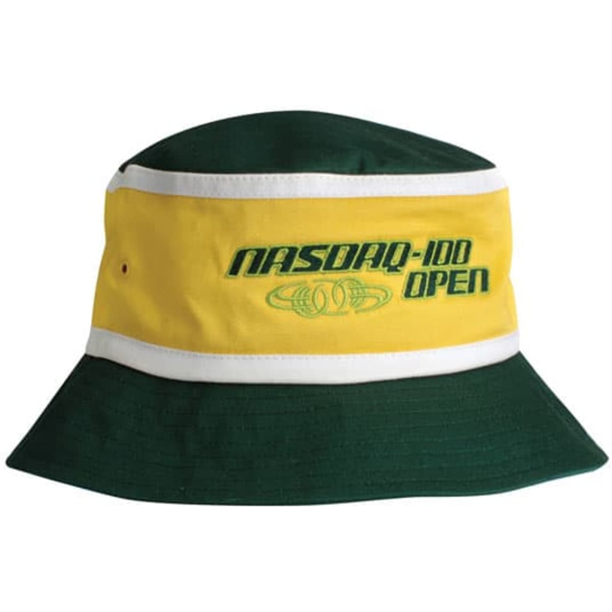 A bucket hat featuring a yellow and green design with a logo on the front.