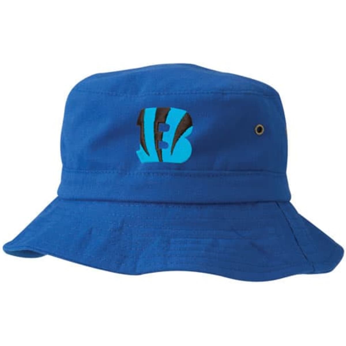 A blue bucket hat featuring an emblem and a wide brim. It has a logo on the front.