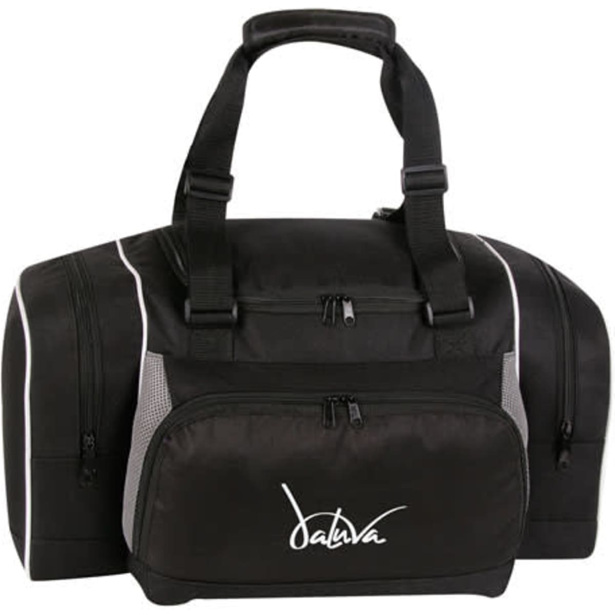 A black duffle bag with grey accents, featuring multiple compartments and a logo on the front.