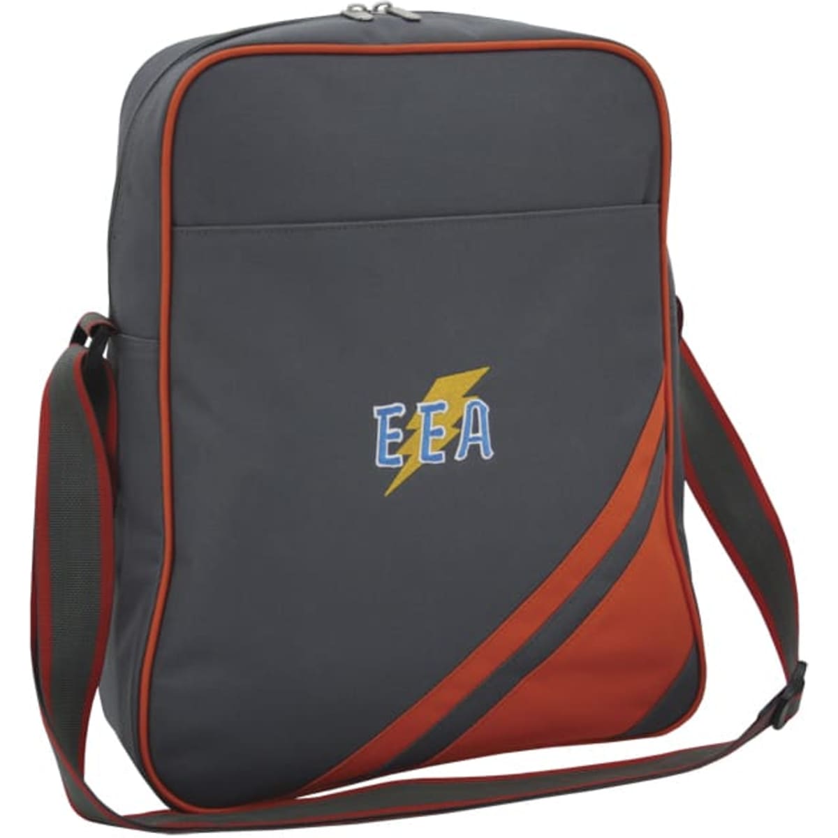 A grey and orange laptop bag with an adjustable strap and a logo on the front. Suitable for carrying laptops and documents.