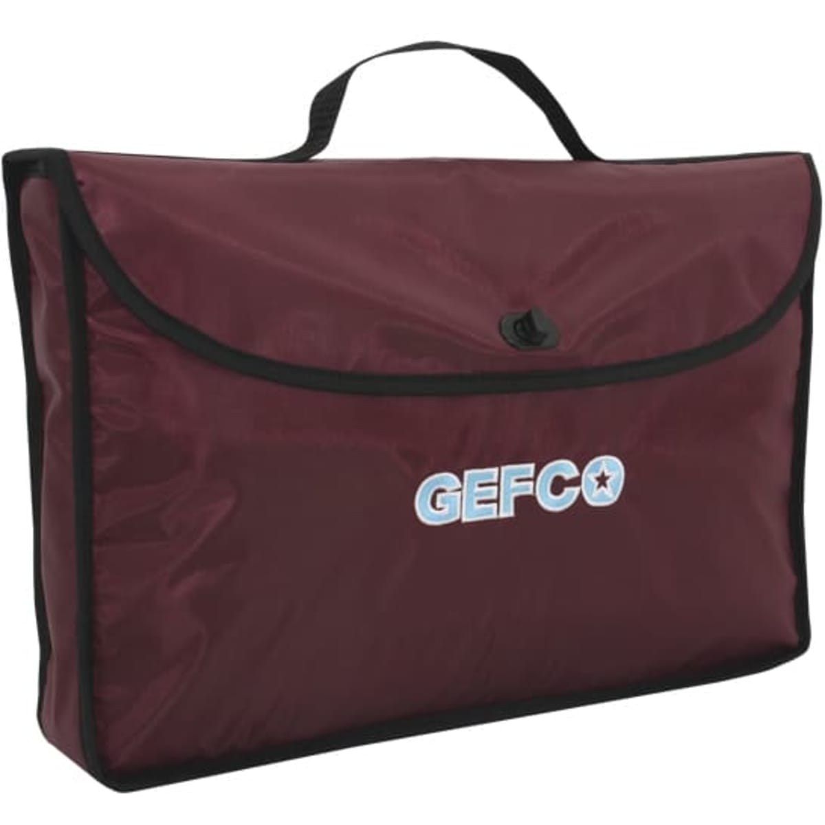 A maroon satchel bag with a handle and a logo on the front, featuring a sleek, smooth design.