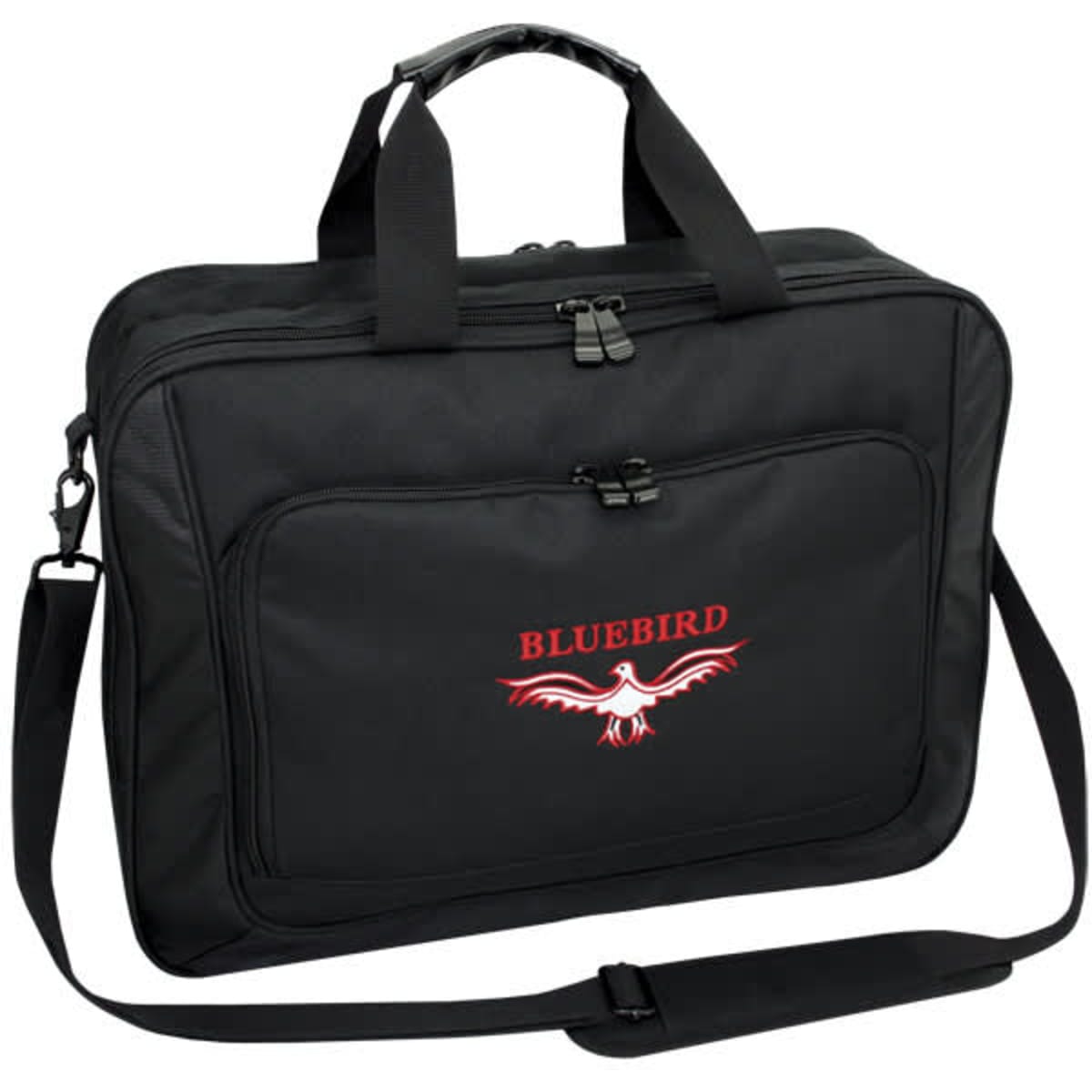A black laptop bag with a detachable shoulder strap and a front pocket, featuring a logo.
