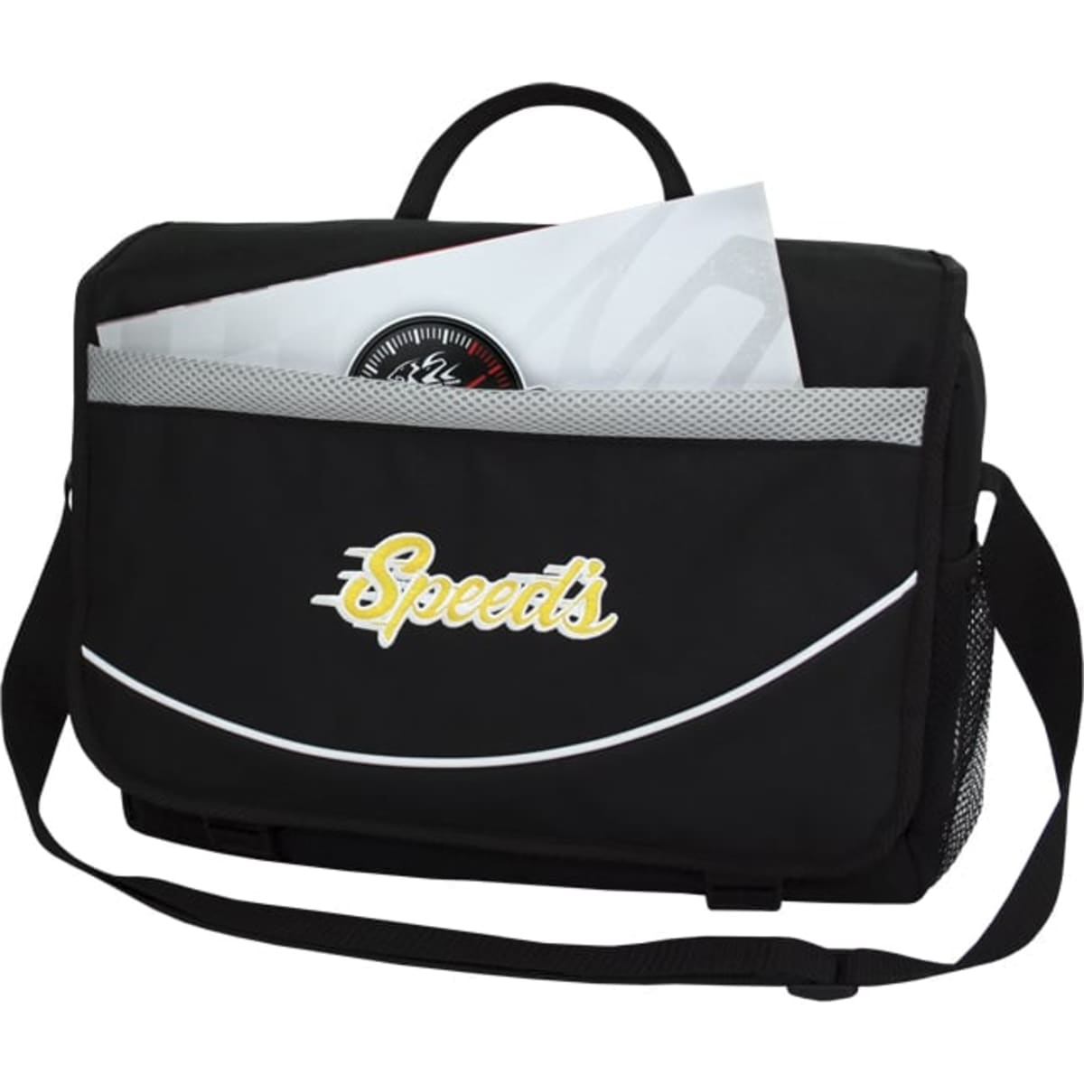 A black laptop bag with a front pocket and a mesh side pocket, featuring a logo on the front.