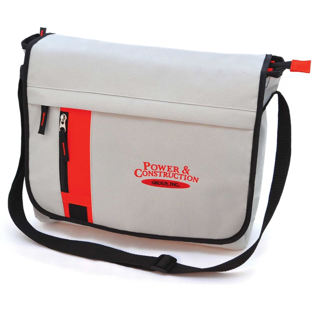 A grey satchel bag with red and black accents, featuring a logo and zippered pockets.