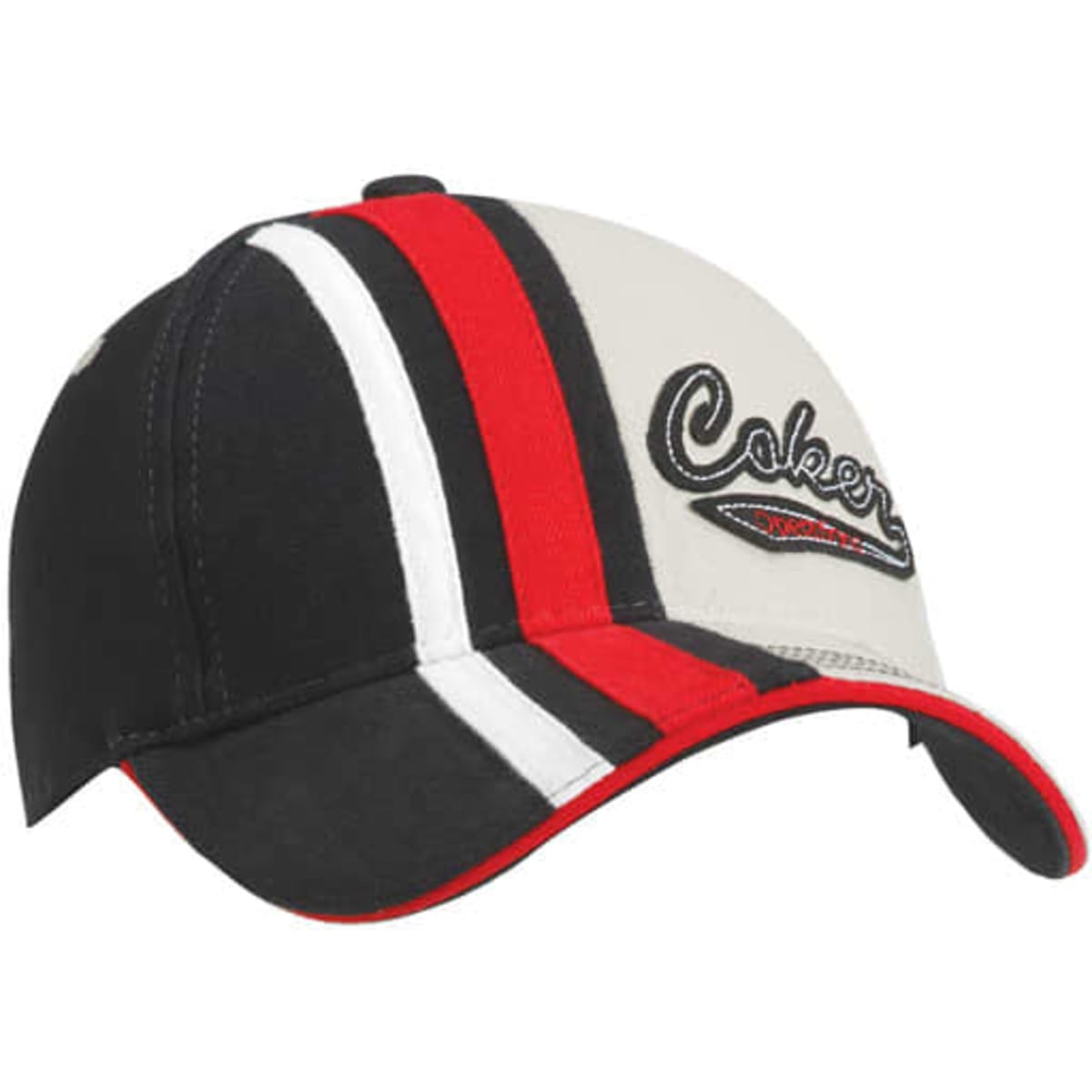 A cap featuring a black, red, and grey design with an embroidered logo.