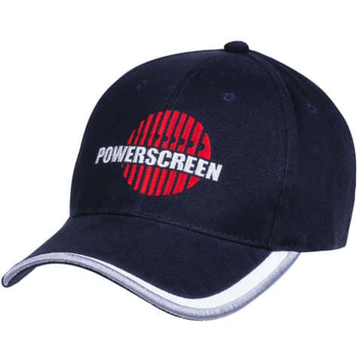 A navy cap with a white trim featuring a logo on the front.