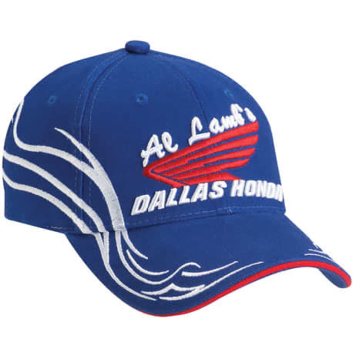 A blue cap featuring decorative white stitching and a logo on the front. It has a red accent on the brim.
