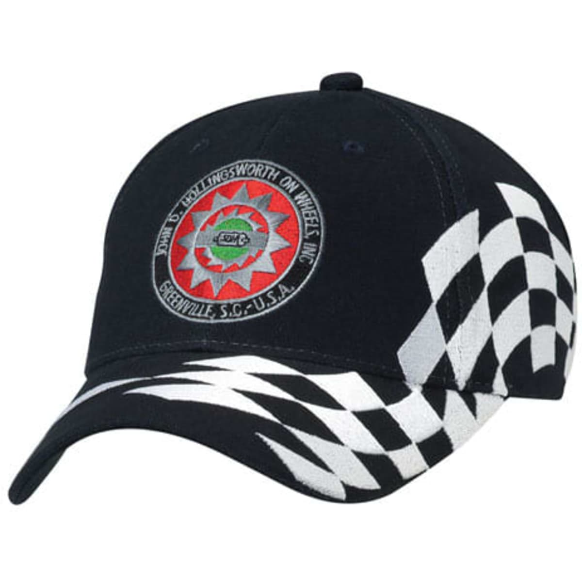 A black cap featuring a checkerboard pattern on one side and an embroidered logo on the front.