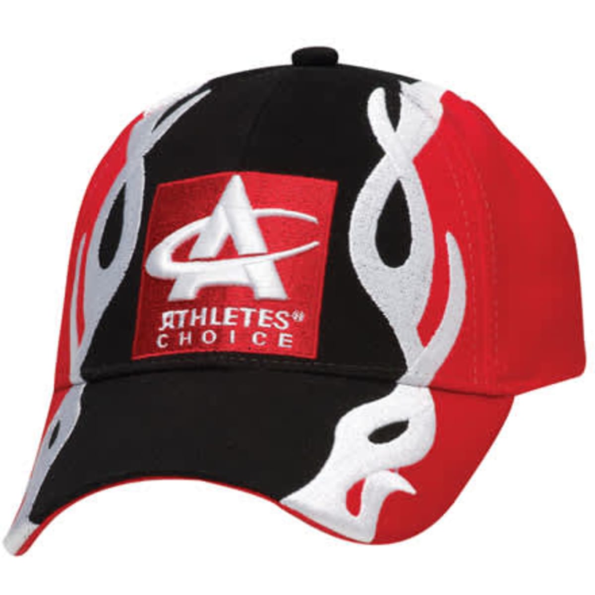 A red and black cap featuring a logo and flame designs on the front.