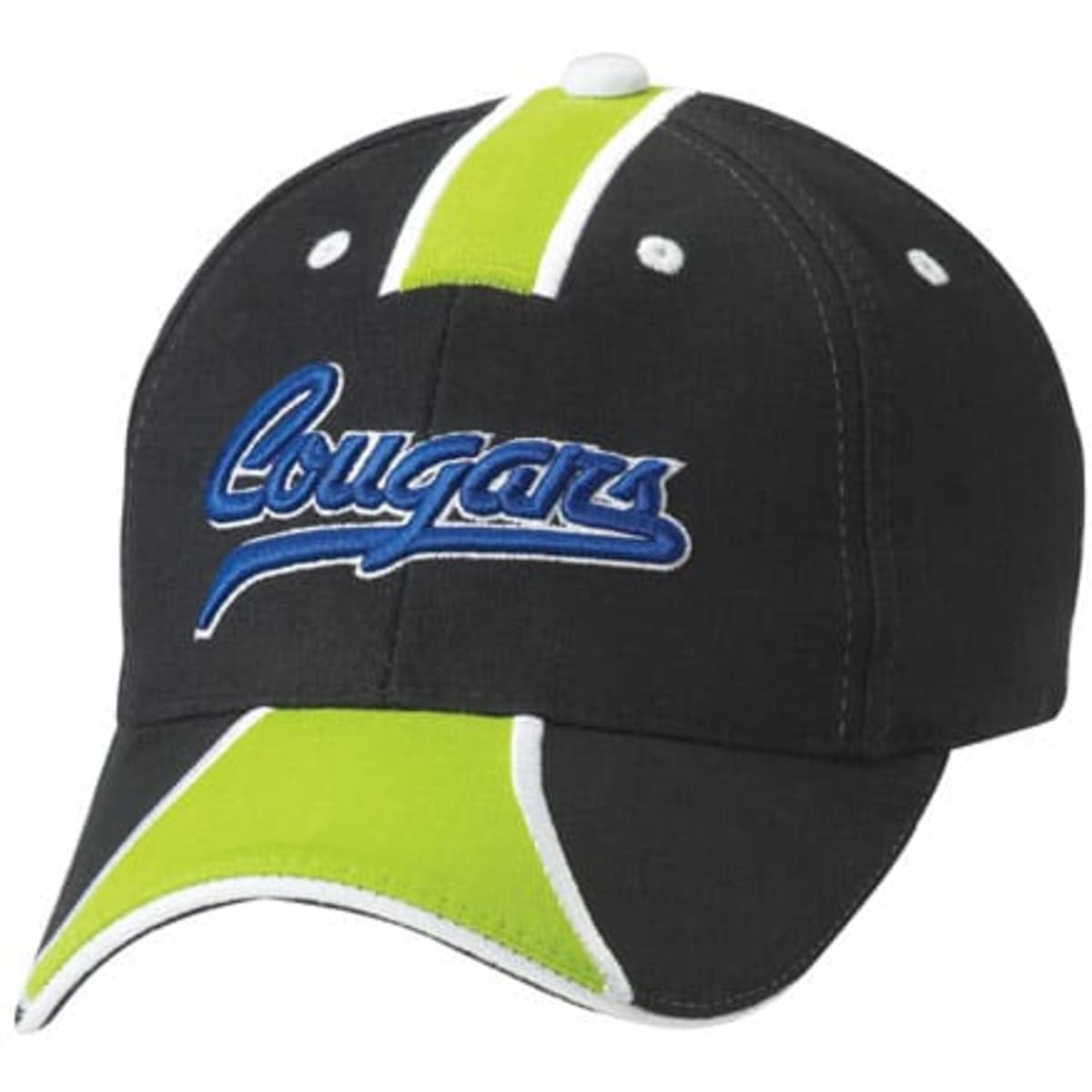 A black cap with green and white accents features a blue logo on the front.