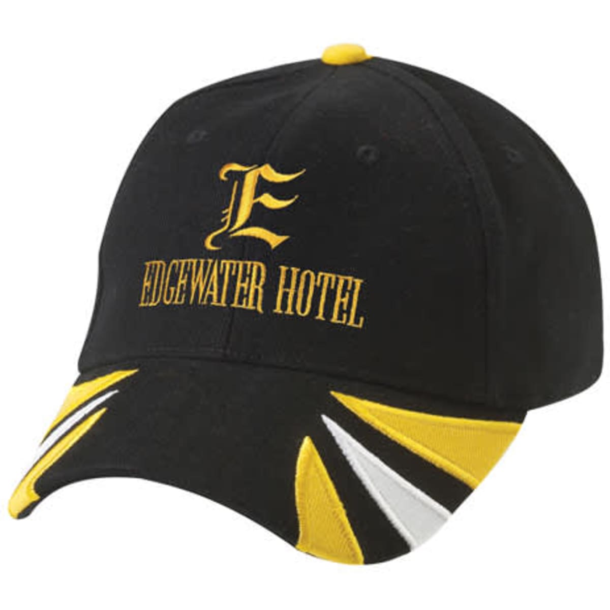 A black cap with yellow and white accents, featuring a logo and text on the front.
