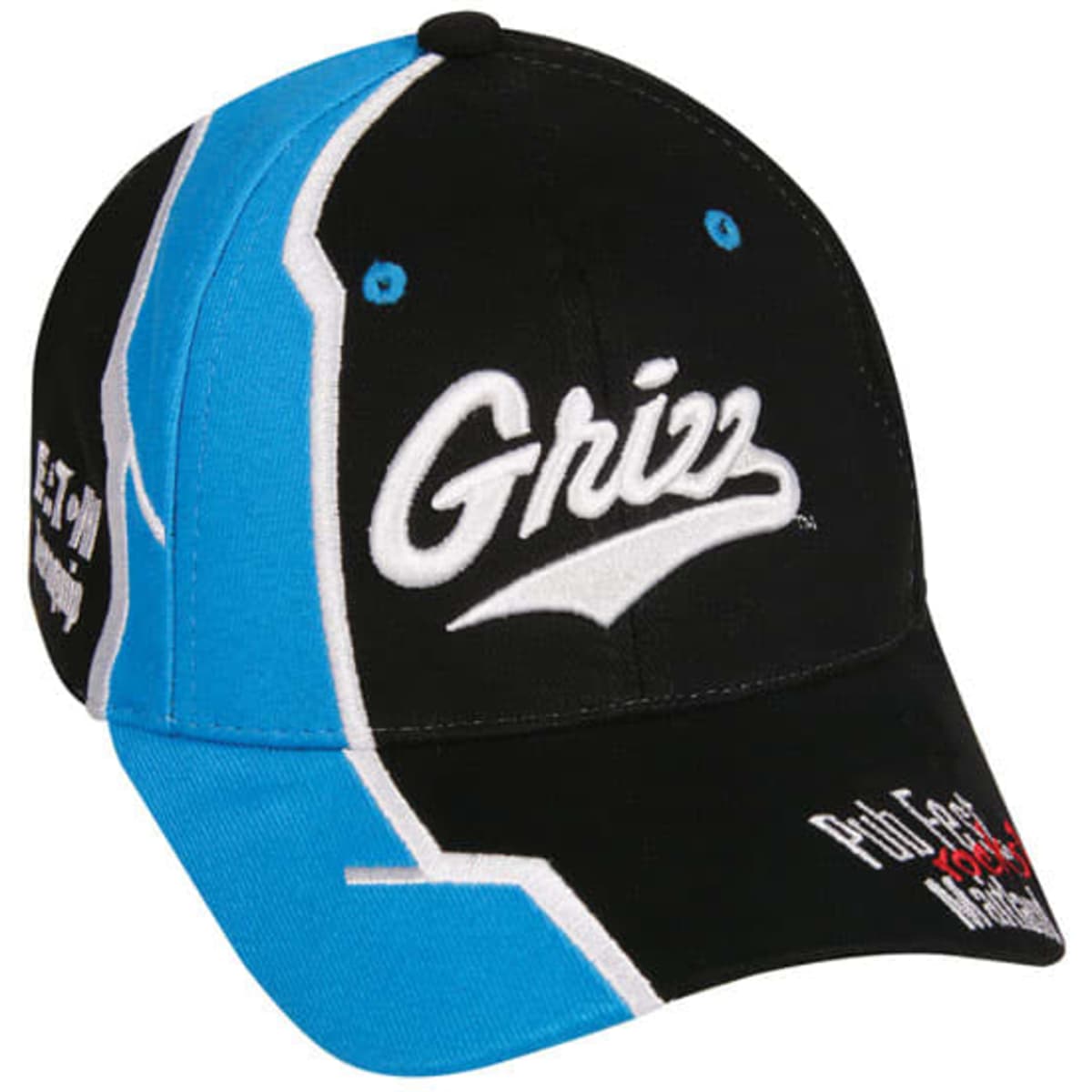 A black and blue cap featuring a logo and embroidered text on the front and side.