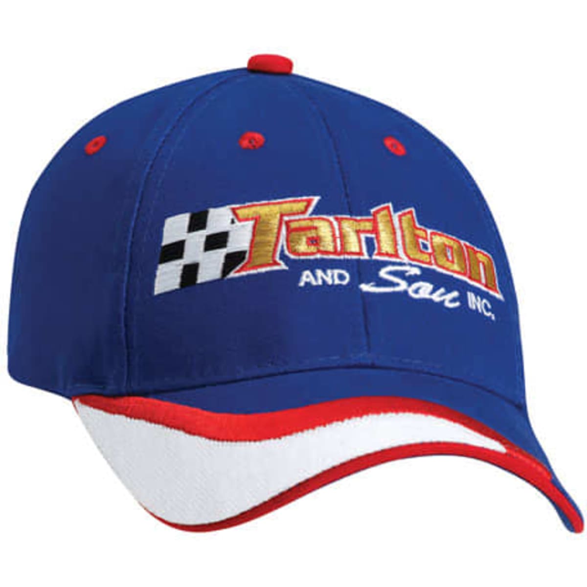 A blue cap with a red and white visor, featuring an embroidered logo on the front.