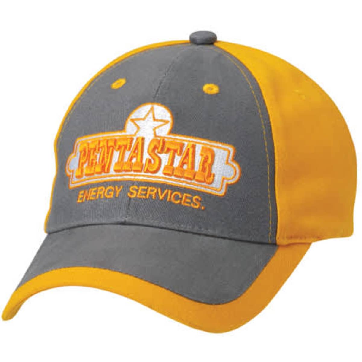 A cap with a grey front panel and yellow peak, featuring a logo on the front.
