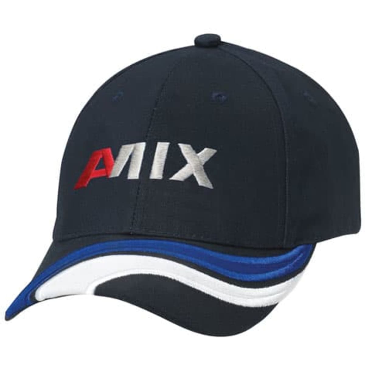 A navy cap featuring a curved brim and a logo in red and silver. The design includes blue and white accents.