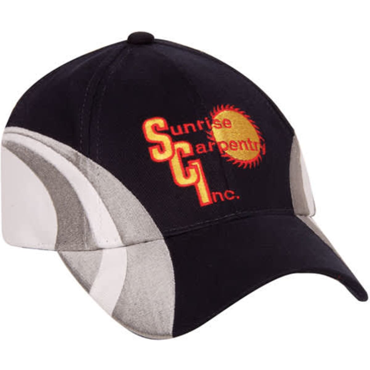 A black and grey cap featuring a logo on the front side.