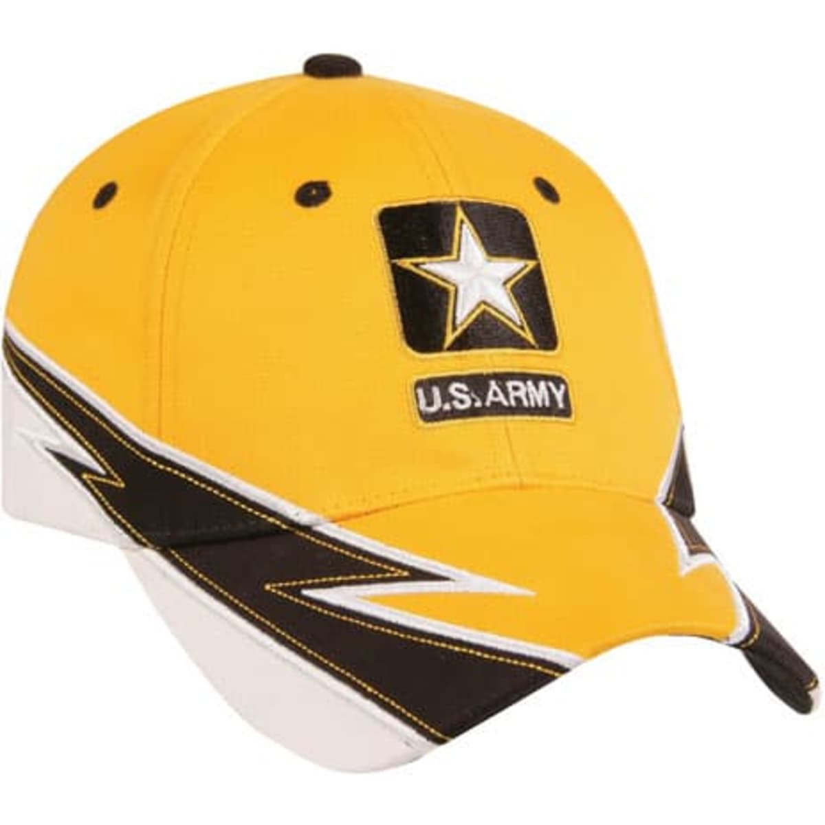 A yellow cap with black and white accents, featuring a logo on the front.