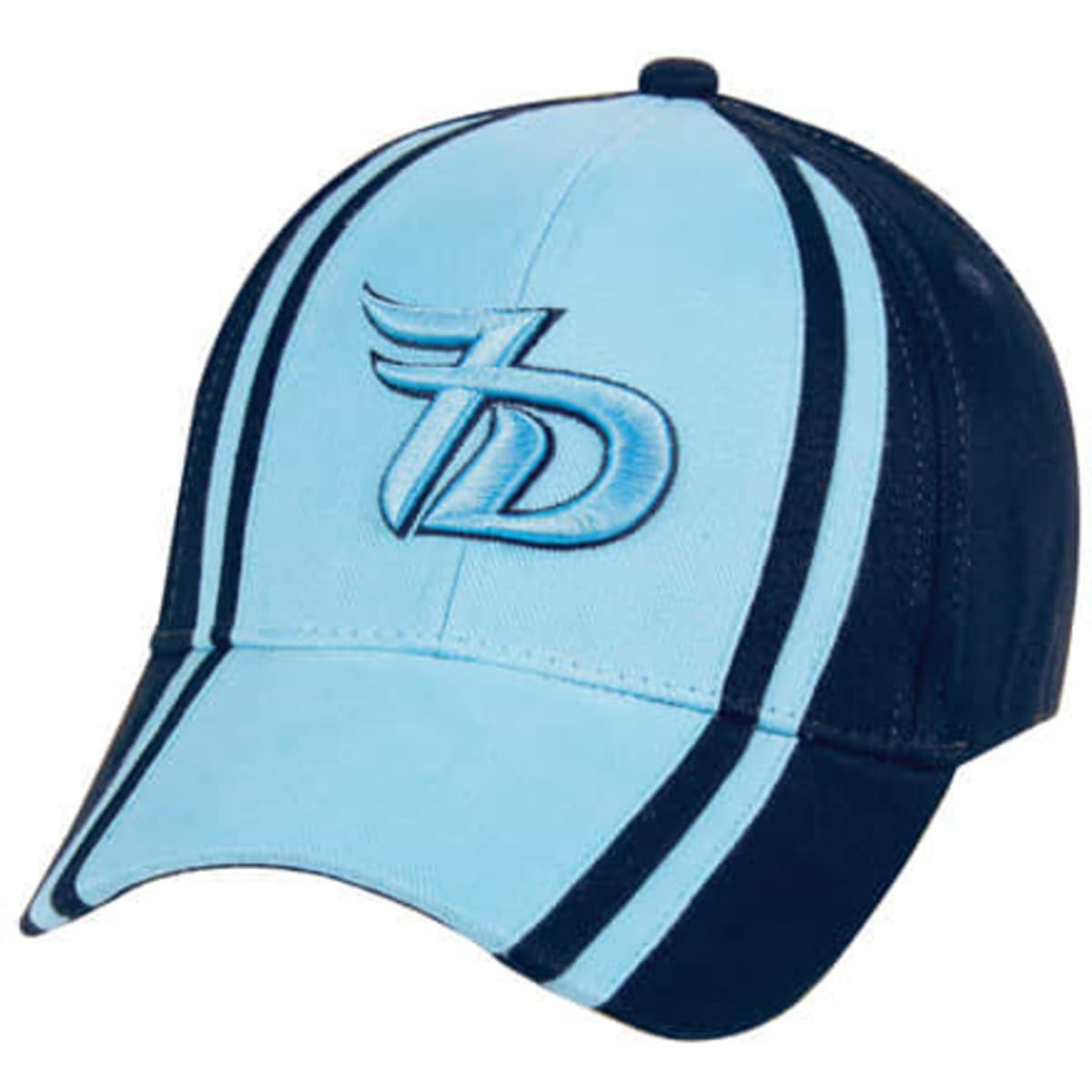 A light blue and navy cap featuring an embroidered logo, designed with contrasting stripes.