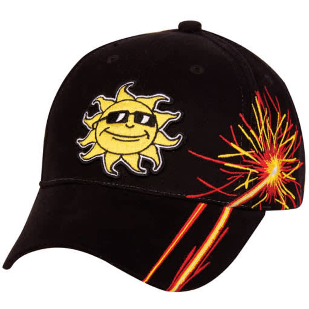 A black cap featuring a sun graphic with sunglasses and sparkler designs on the side, along with a logo.