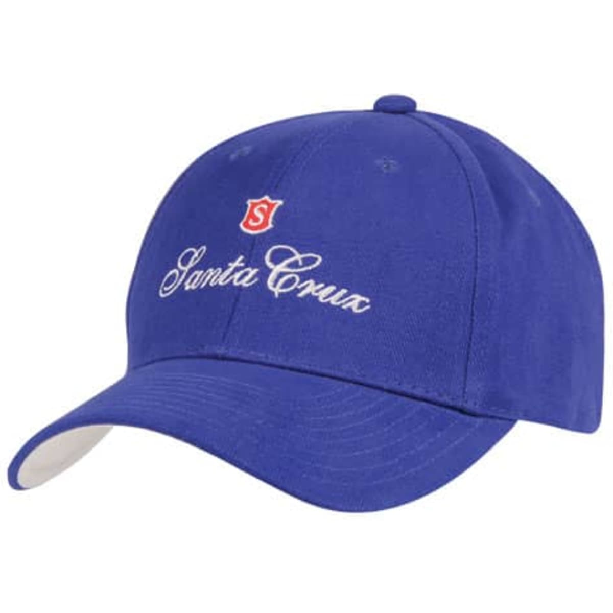 A blue cap featuring a logo and white embroidery with the text "Santa Cruz."
