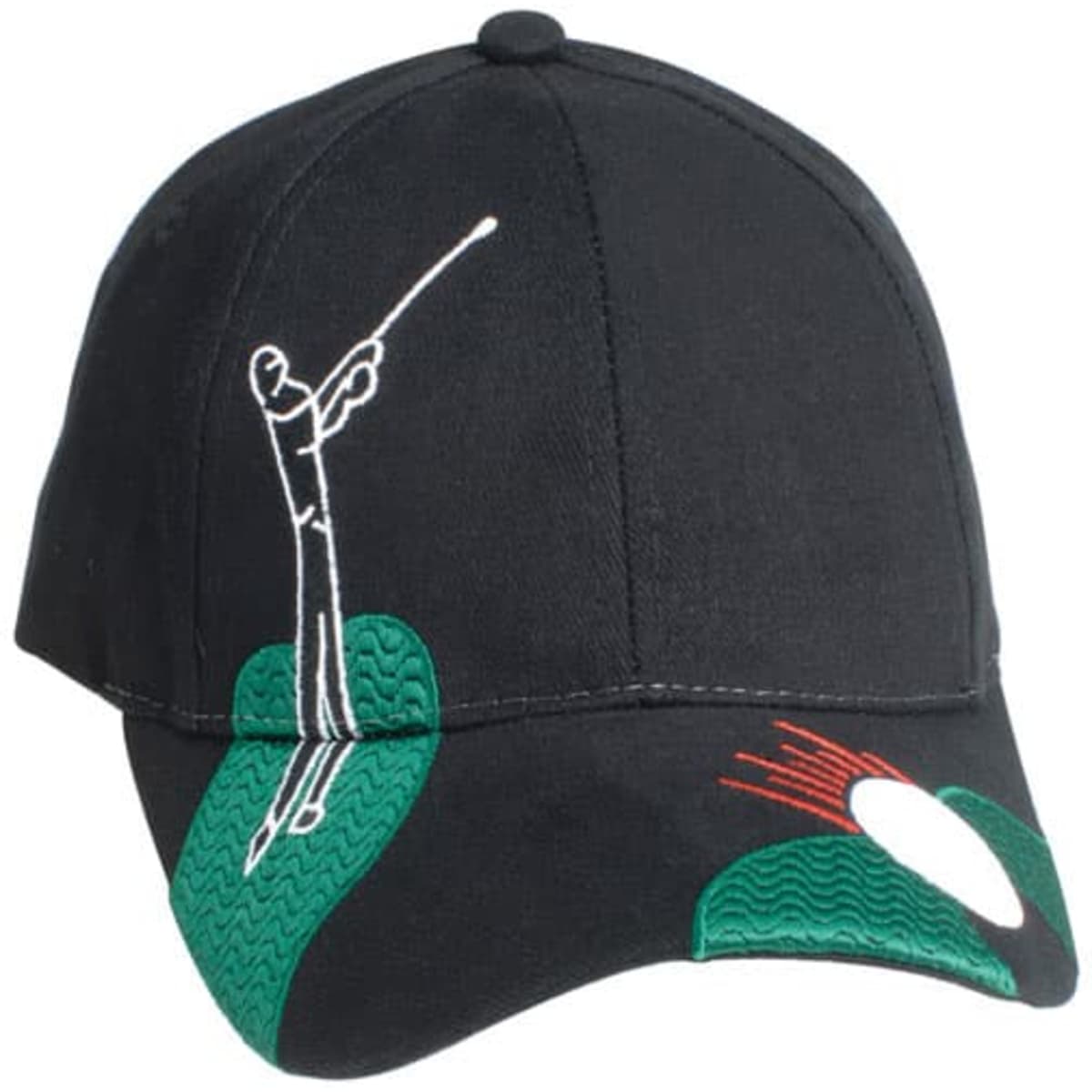 A black cap featuring a golf motif with green and white accents, and a logo on the side.