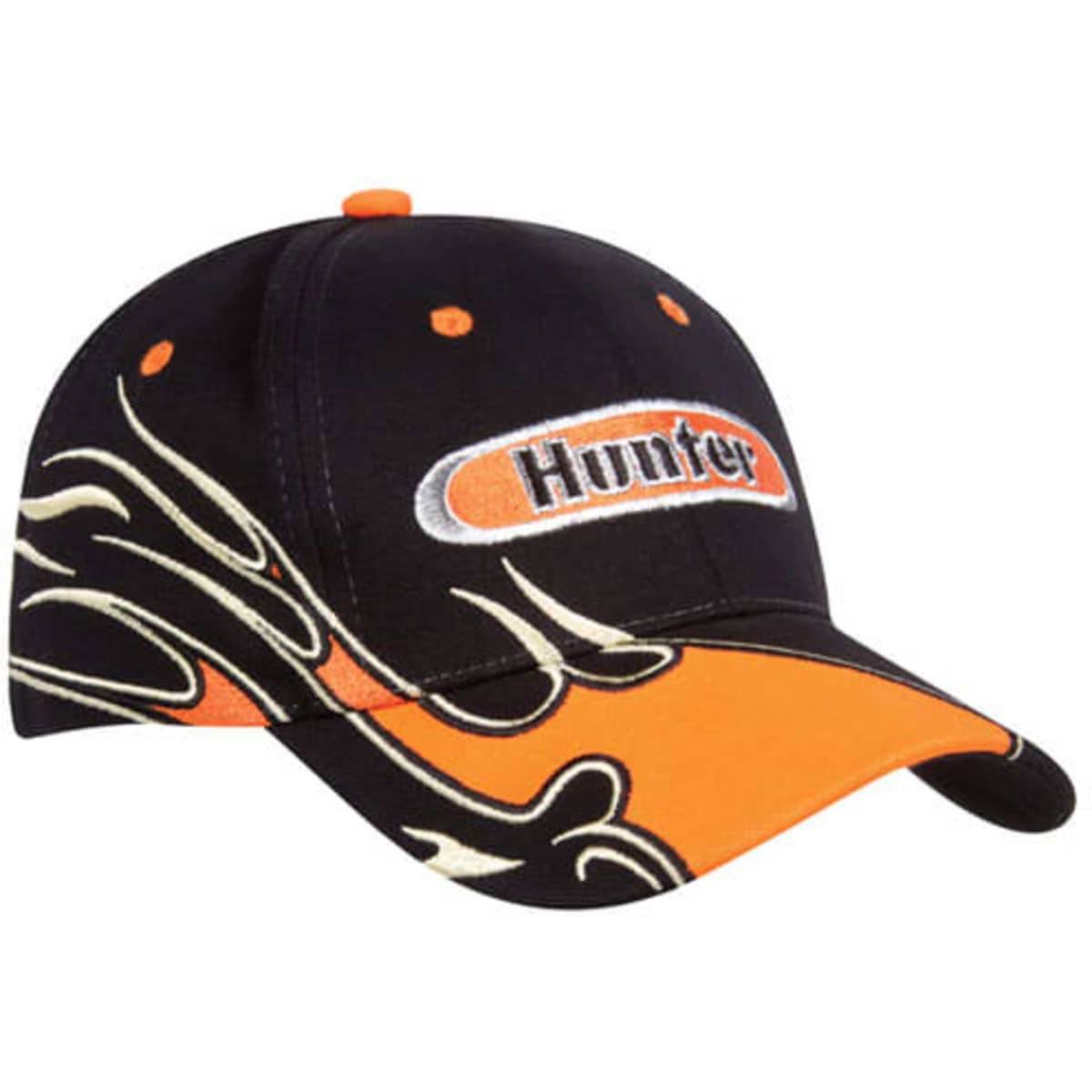 A black cap with orange accents and a flame design, featuring a logo on the front.