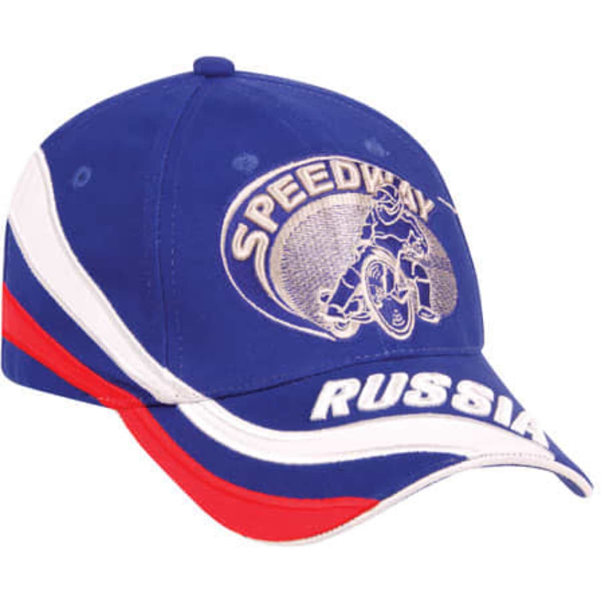 A blue cap with white and red accents, featuring a logo and embroidered design.