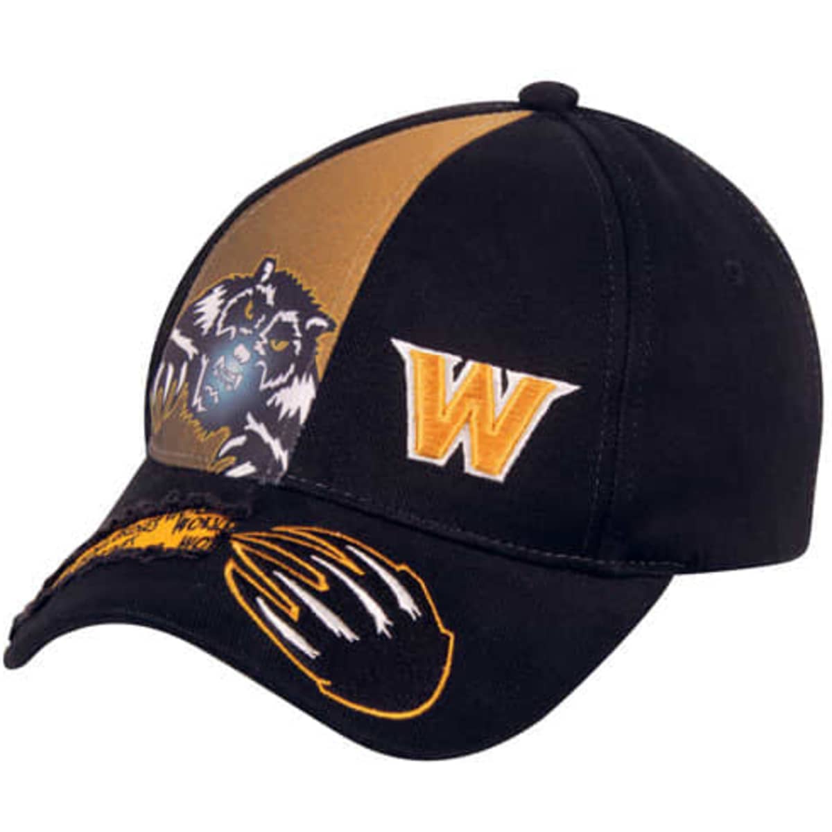 A black and gold cap featuring animal imagery and a logo. The cap has a structured design and curved brim.