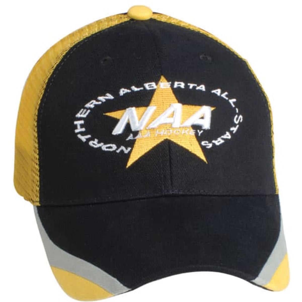 A black and yellow cap featuring a logo, with a star design and reflective accents.