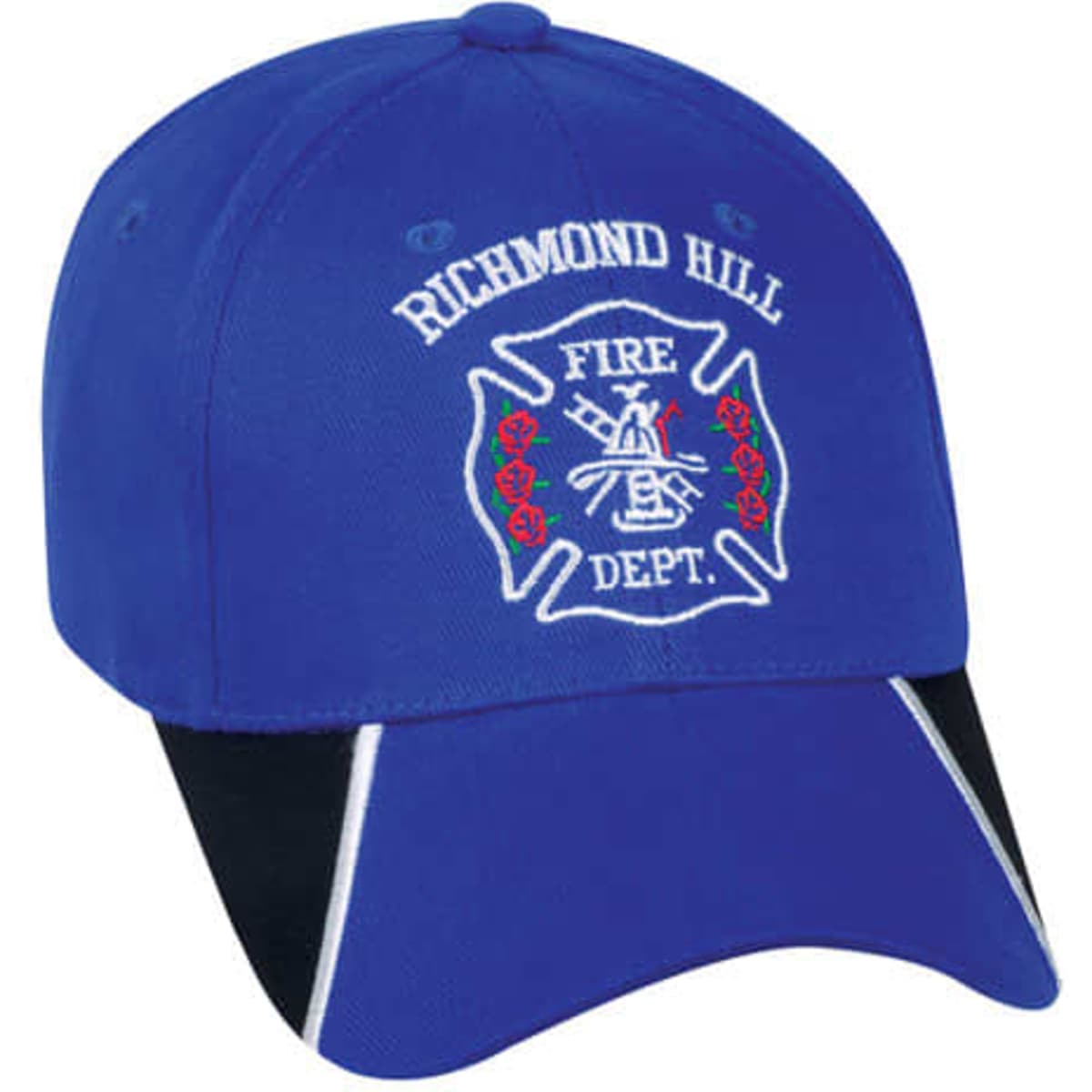 A blue cap featuring an embroidered fire department logo. It has a black visor and white detailing.
