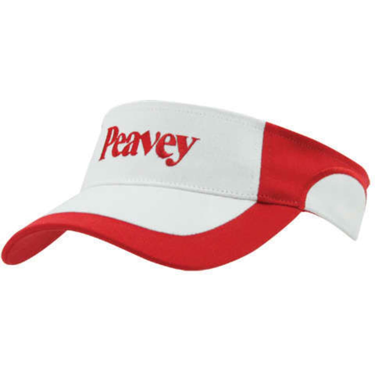 A red and white visor with an adjustable band and a logo on the front.