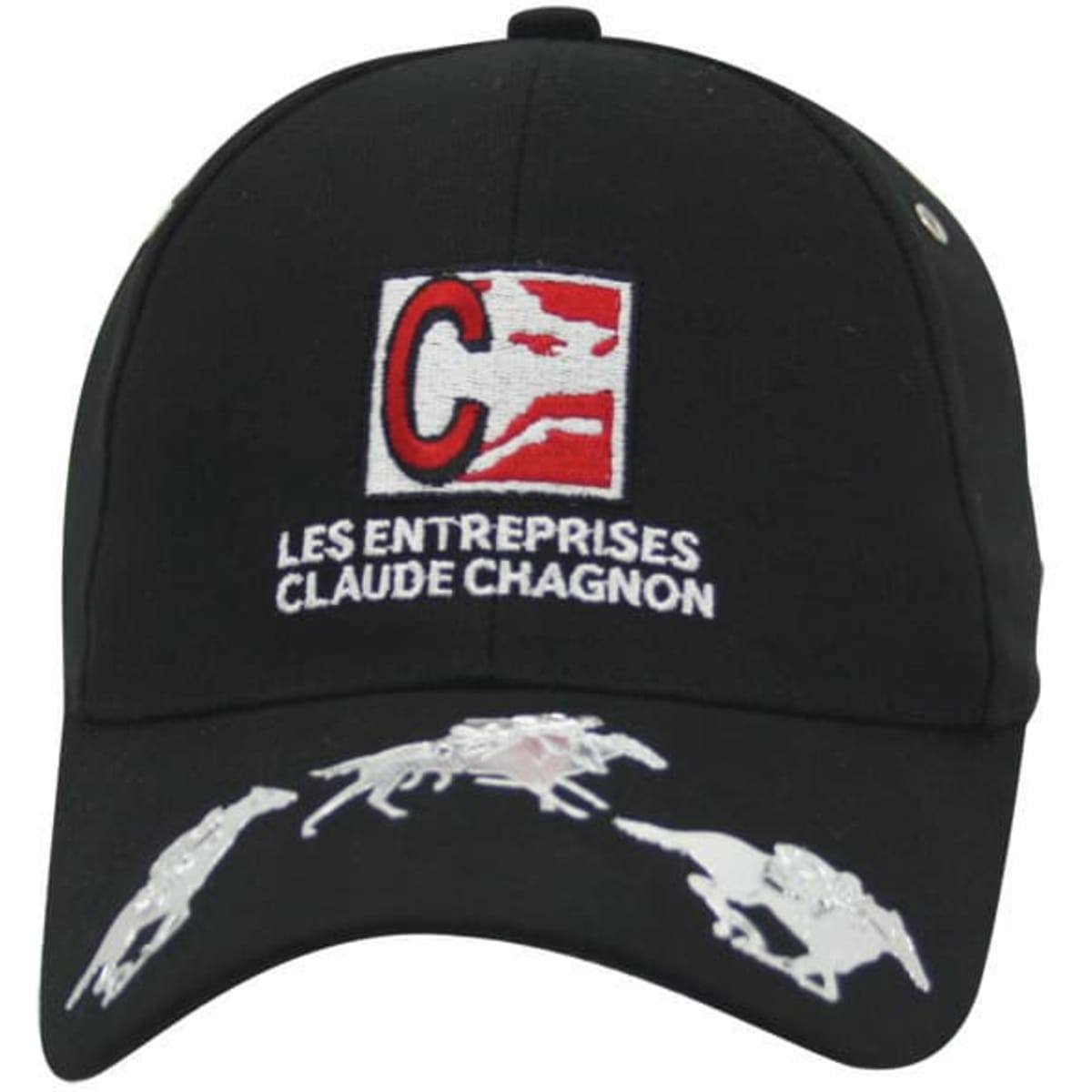 A black cap featuring an embroidered logo and horse graphics on the front.