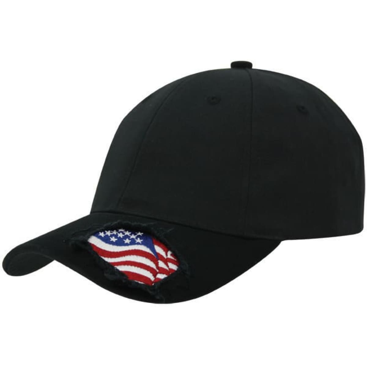 A black cap featuring a distressed design with an American flag on the underside of the brim and a logo.